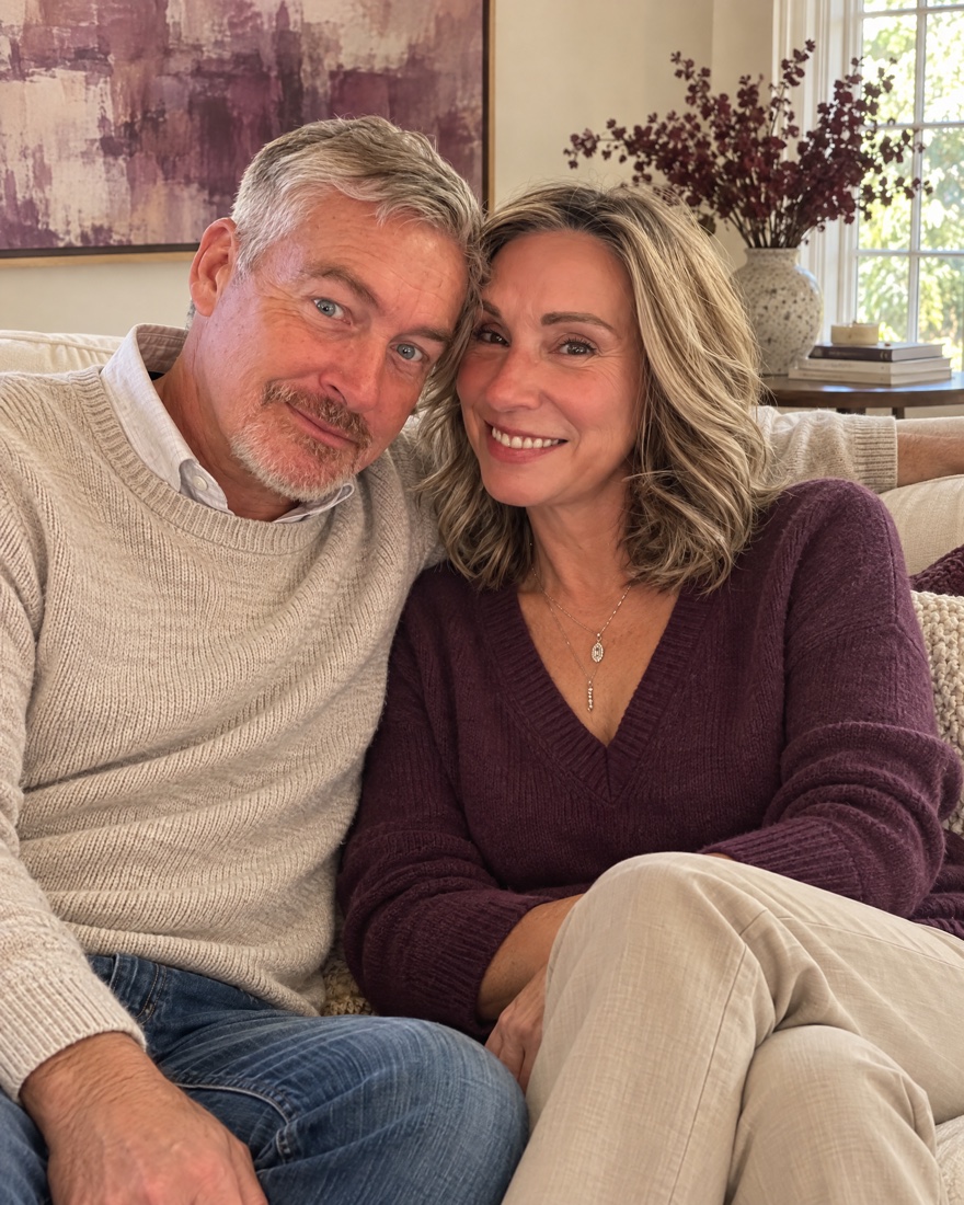 A couple in their late 50s, relaxed and at ease together at home in soft natural light