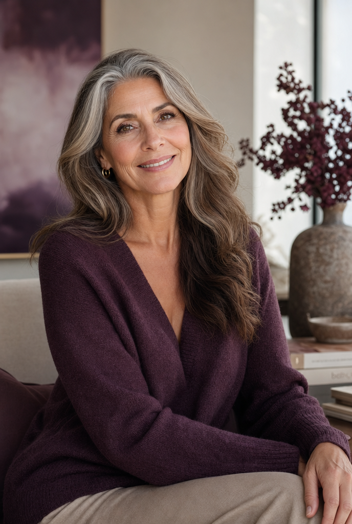 A woman in her late fifties, relaxed and at ease at home in soft natural light